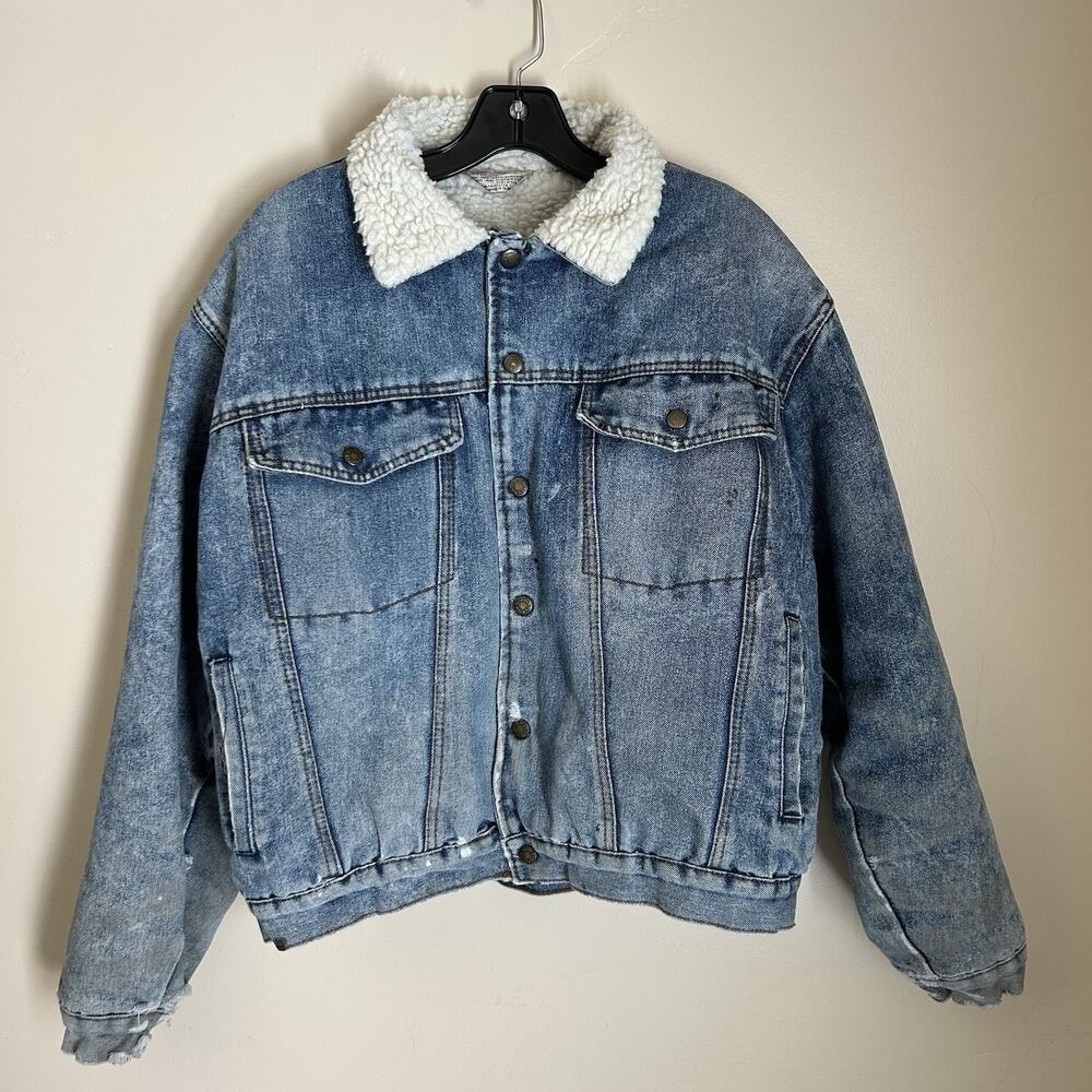 VTG Saugatuck Drygood Denim Sherpa Thick Fleece Lined Trucker Jacket Sz L 42/44